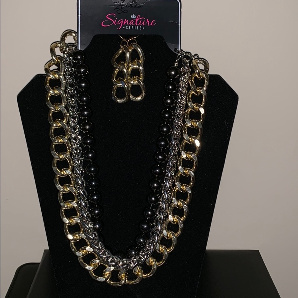 Black, Gold, Silver Necklace With Earrings